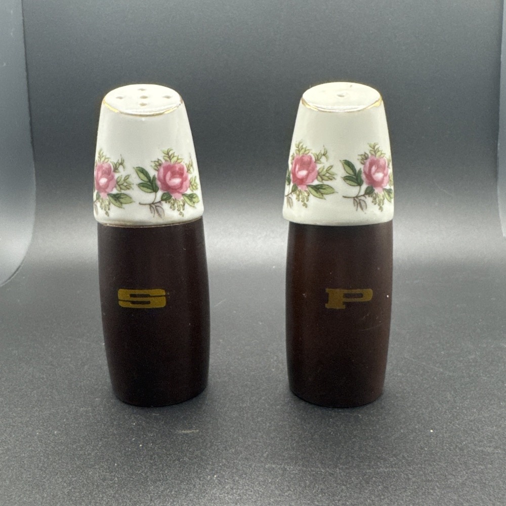 Vtg‎ Nevco Teak Wood Floral Porcelain Salt & Pepper Shakers Mid Century Boho 4"